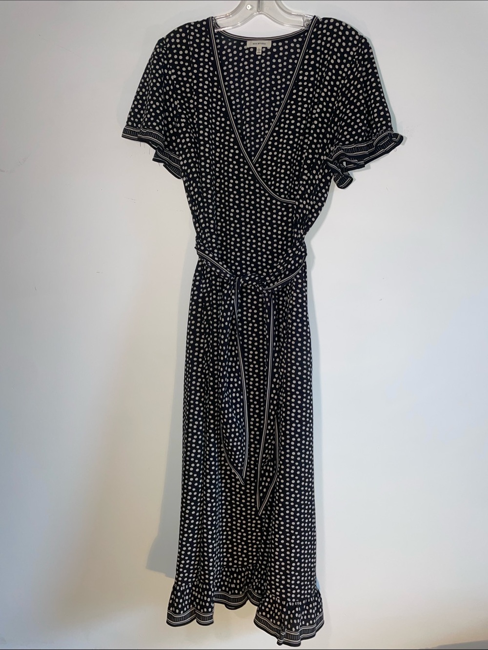 Max Studio Black and White Polka Dot Wrap Maxi Dress with Pockets